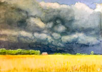 Watching the storm as it disappeared towards the sea creating a fantastic contrast against the wheat fields. Oil on A3 canvas